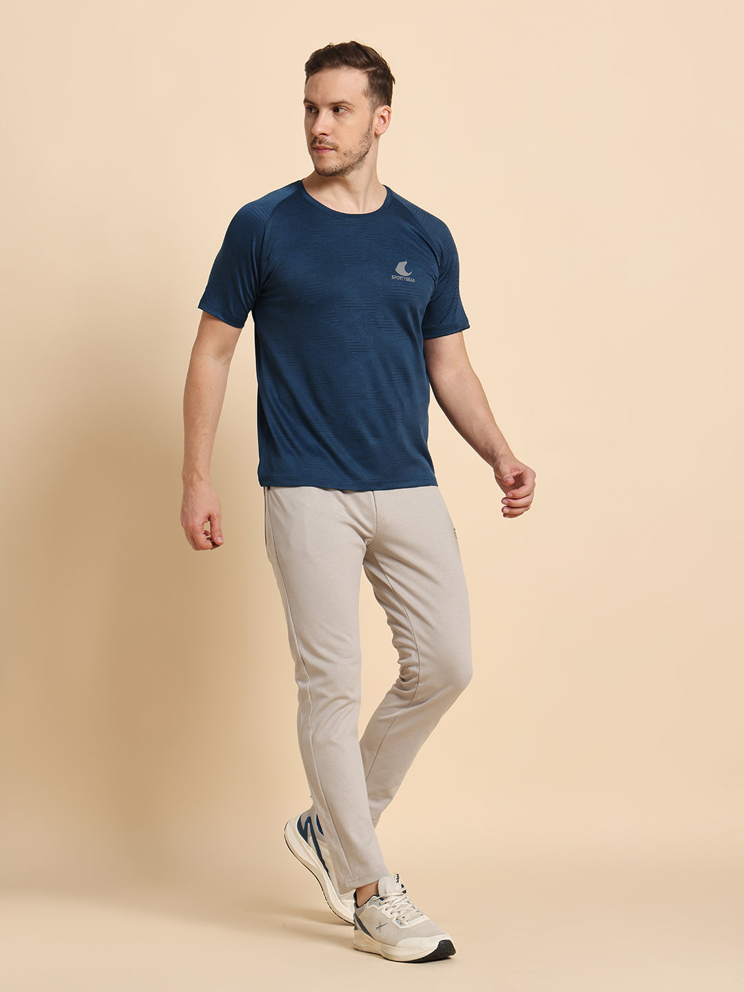 SportyBear Premium Jacquard Polyester Dry-Fit T-Shirt for Men | UV Protection, Anti-Odor, 4 Way Stretchable & Breathable Workout Tee | Navy Blue