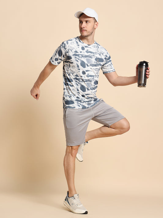 SportyBear Premium NP Print Polyester Dry-Fit T-Shirt for Men | UV Protection, Anti-Odor, 4-Way Stretch, Breathable 90% Polyester & 10% Lycra | Grey & White