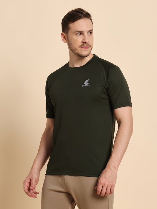 SportyBear Men's Gym T-Shirt | Dot Knit Polyester | Dry-Fit, Anti-Odor, Lightweight, Stretchable & Breathable Fitness Tee | Olive Green