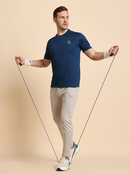 SportyBear Men's Gym T-Shirt | Dot Knit Polyester | Dry-Fit, Anti-Odor, Lightweight, Stretchable & Breathable Fitness Tee | Teal Blue