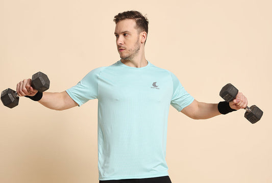 SportyBear Men’s Activewear T-Shirt | Imported Peach Polyester, Dry-Fit, Ultra-Soft, UV Protection, Anti-Odor, 4-Way Stretch & Breathable Fabric | Sky